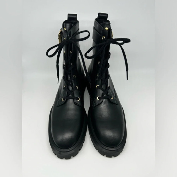 Stuart Weitzman Ultra Lug Black Combat boots Gold Buckles  size 10.5  new - Picture 3 of 14